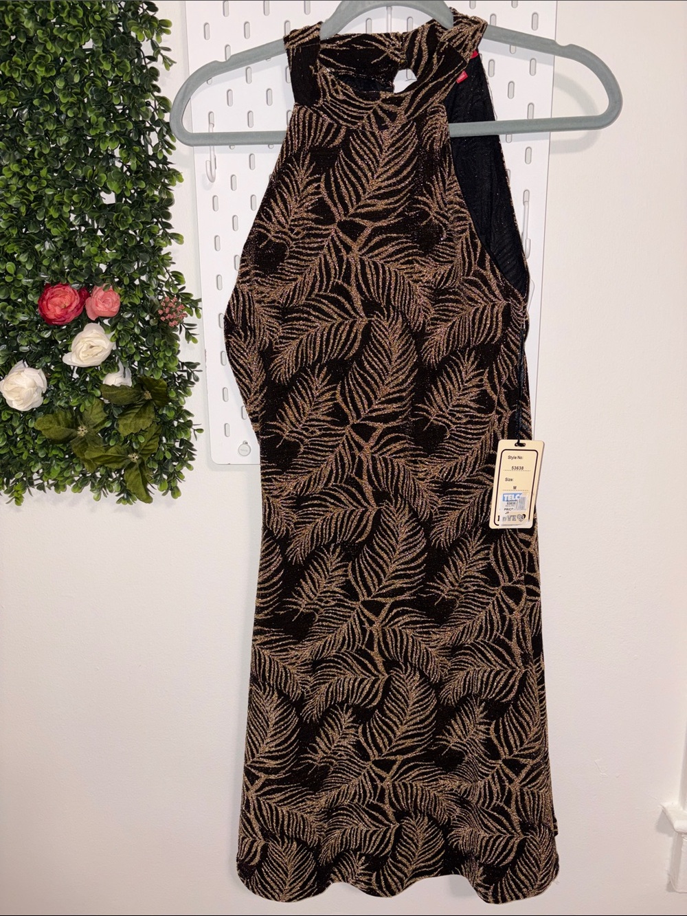 Black & Gold Leaf-Pattern Halter One-Piece Swimdress